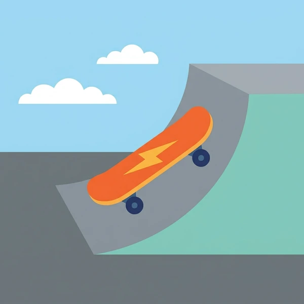 Orange skateboard with yellow lightning bolt graphic positioned on edge of curved gray concrete skate ramp with green background and blue sky