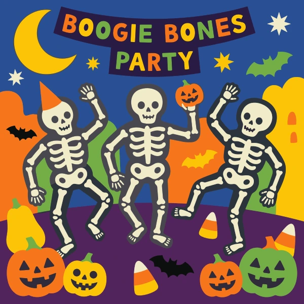 Three dancing skeletons at Boogie Bones Party with jack-o-lanterns bats candy on green and orange Halloween background
