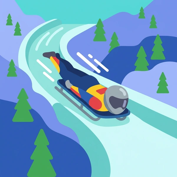 Skeleton racer in teal outfit with yellow accents in headfirst downhill position on icy track surrounded by snow and purple-toned evergreen forest