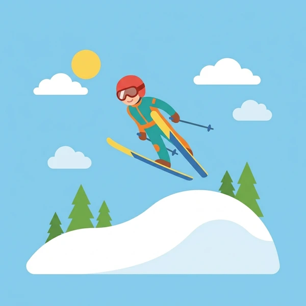 Male ski jumper in red jacket with yellow accents in aerial jump position over white snowy hill with green pine trees and blue sky