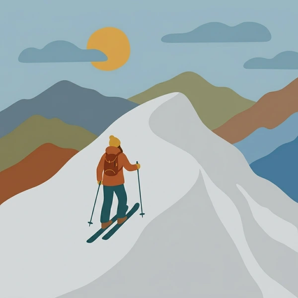 Skier in orange jacket ascending snowy mountain ridge with poles in ski mountaineering style surrounded by layered tan and brown alpine peaks and blue shadow snow