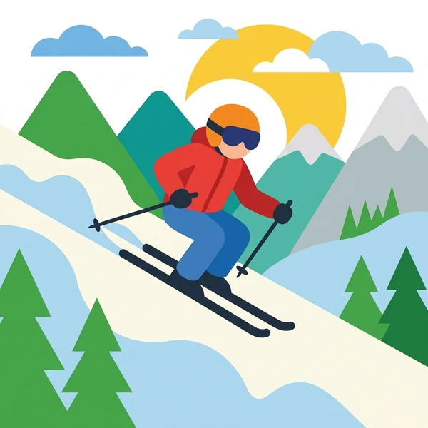 Skier in bright red jacket crouched in downhill racing position on white snowy slope with green pine forest and multicolored mountain shades