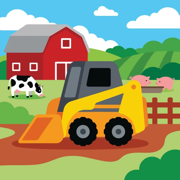 Mustard yellow, charcoal, and orange skid steer surrounded by white snow, blue shadows, pine trees, and cold mountains.