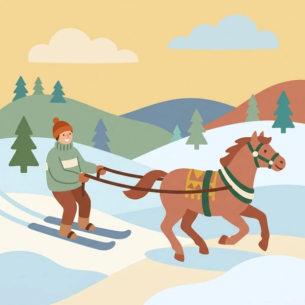 Skier in olive-tan jacket being towed by galloping brown horse through snow-covered winter landscape with evergreen trees and cream-blue sky