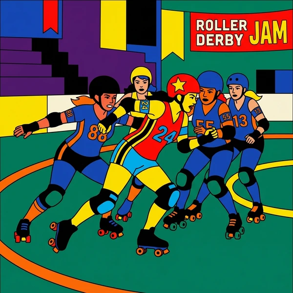 Colorful cartoon characters in primary colors balancing on slackline rope between stylized trees with yellow border graphics and festival branding