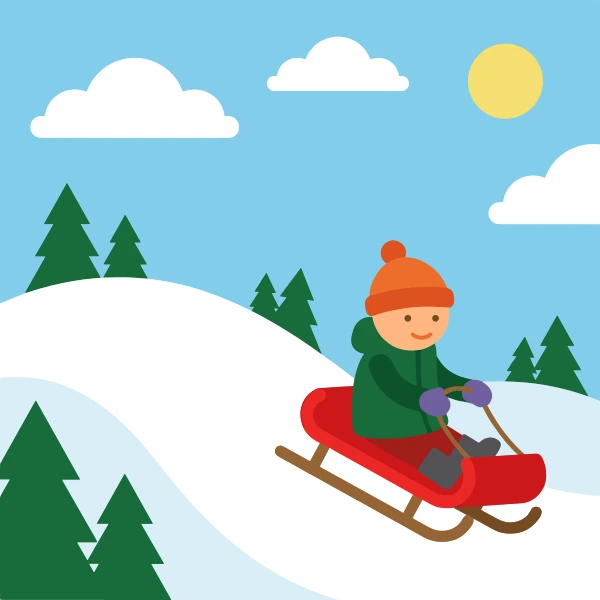 Red, charcoal, and peach sled surrounded by white snow, blue shadows, pine trees, and cold mountains.