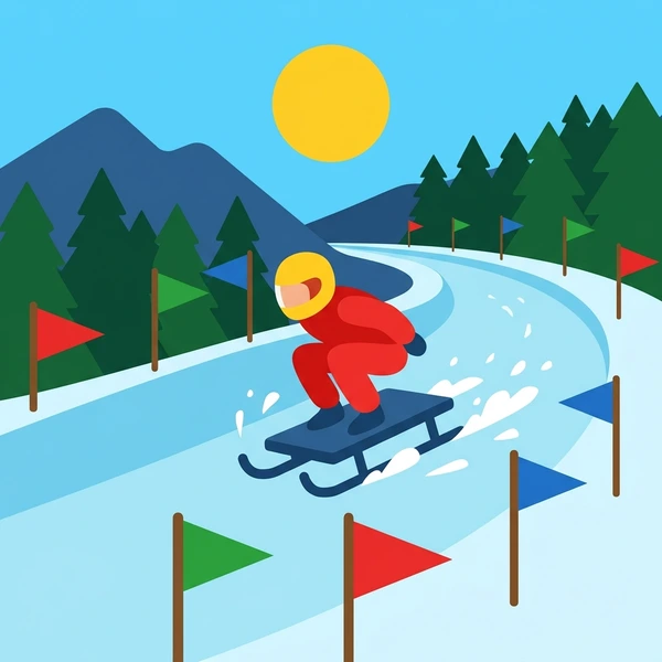 Sled racer in red outfit sliding down a flag-marked icy course with alpine mountain backdrop, green evergreen trees, white snow, and yellow sun