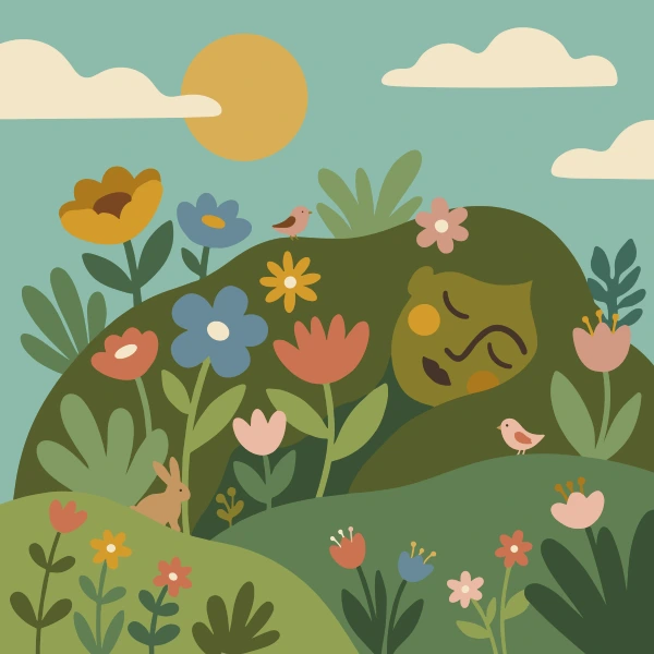 Green sleeping giant forming a grassy hill covered in flowers with birds and a rabbit nearby