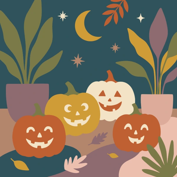 Four carved jack-o-lanterns with happy faces among potted plants leaves crescent moon and stars on dark teal night sky