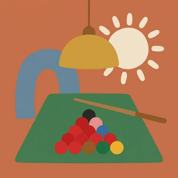 Red, yellow, and blue snooker balls arranged on green felt pool table under warm golden hanging lamp with brown background and sun illustration