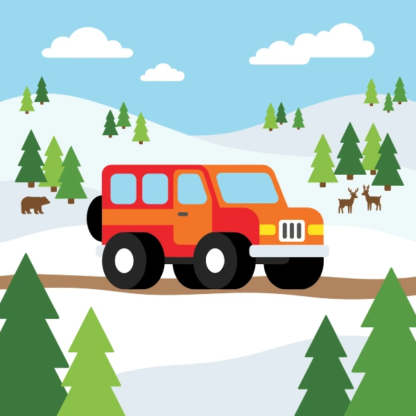 Orange, black, and red snow coach surrounded by white snow, blue shadows, pine trees, and cold mountains.