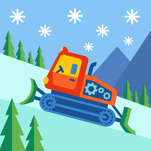 Deep blue, brown, and red snow groomer surrounded by white snow, blue shadows, pine trees, and cold mountains.