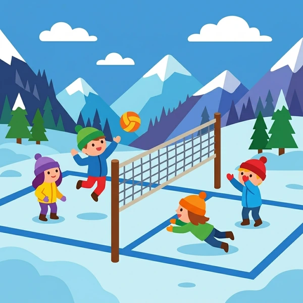 Six snow volleyball players in green, blue, and red winter jackets competing on snowy alpine court with yellow net and blue mountain background