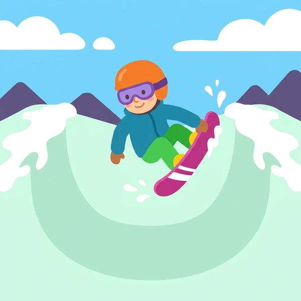 Snowboarder in magenta jacket performing aerial trick in snow halfpipe with teal and blue outfit, white snow banks, and purple mountain background