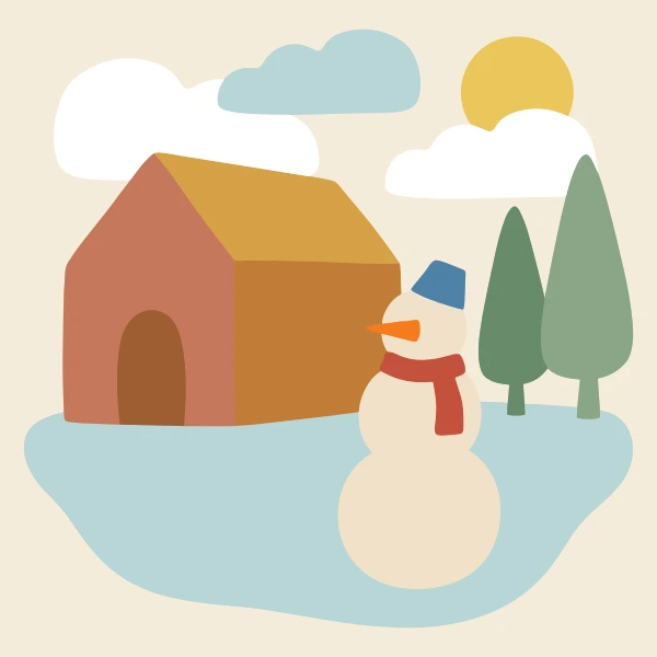 Simple snowman with blue bucket hat and red scarf beside a brown house with green trees, clouds, and sun in muted palette