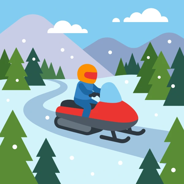 Red, charcoal, and deep blue snowmobile among trees, hills, or mountains with a winding path or river nearby.