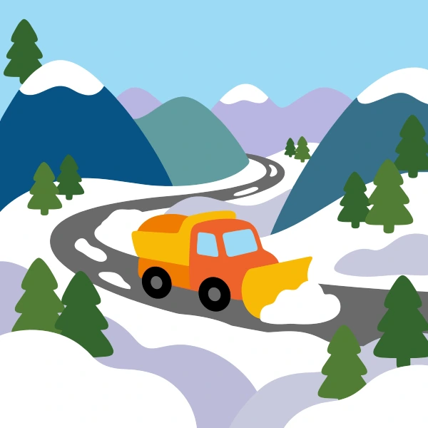 Teal, earth brown, and orange snowplow among trees, hills, or mountains with a winding path or river nearby.