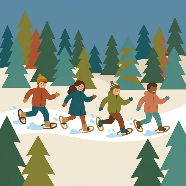 Four snowshoe racers in colorful winter jackets running through a snow-covered evergreen forest