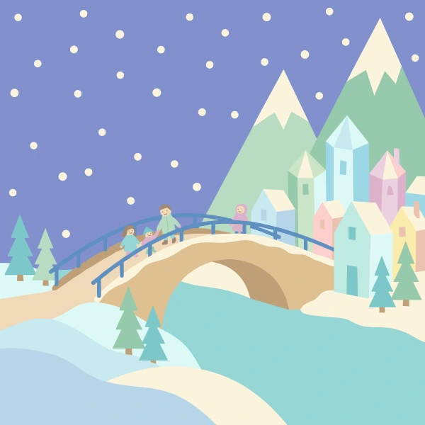 Snowy Bridge to Village free printable jigsaw puzzle & coloring page