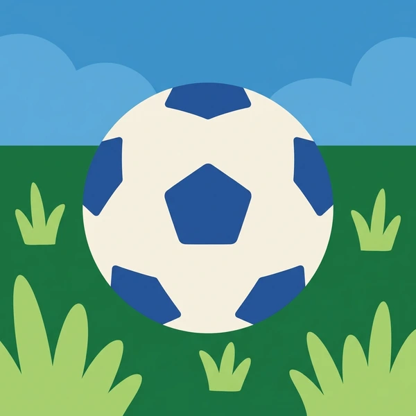 White and blue soccer ball sitting on bright green grass with blue sky and white clouds above