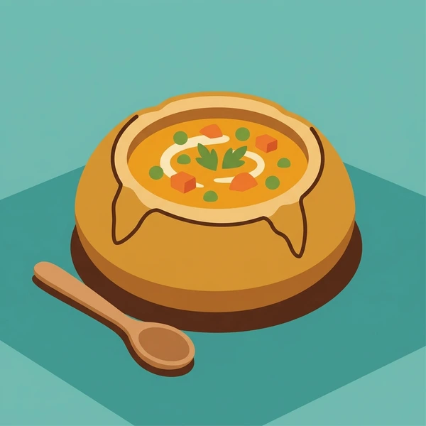 Soup In Bread Bowl scene showing bread bowl, creamy soup filling, vegetable or cheese inclusions, and rustic table setting in a food coloring puzzle