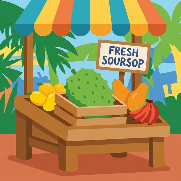 Soursop On Tropical Stand scene showing soursop fruit, spiky green exterior, white inner pulp, tropical market stand, and leaves in a food coloring puzzle