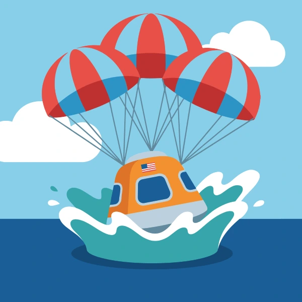 Orange, white, and light blue space capsule set against stars, planets, moons, or glowing space colors.