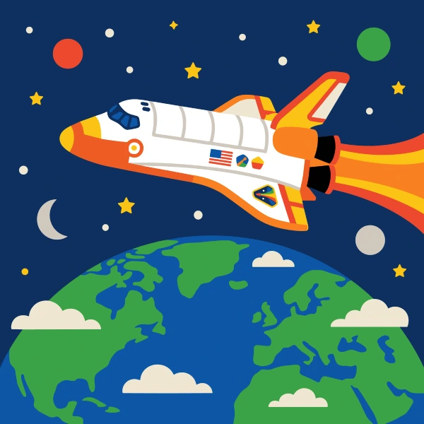 Orange, white, and mustard yellow space shuttle set against stars, planets, moons, or glowing space colors.