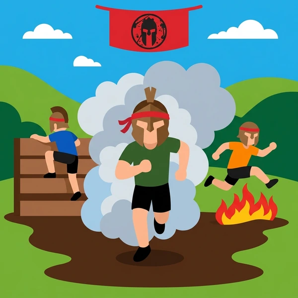 Spartan racer running through white smoke obstacle with fire, wooden barriers, and a red Spartan flag