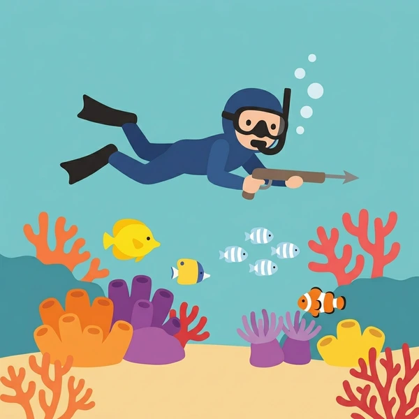 Scuba diver in dark wetsuit holding a speargun near colorful orange and purple coral reef with tropical fish