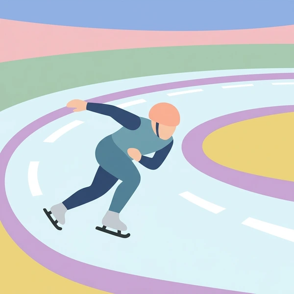 Speed skater in orange helmet and navy blue clothing leaning through a curve on a light blue ice oval track