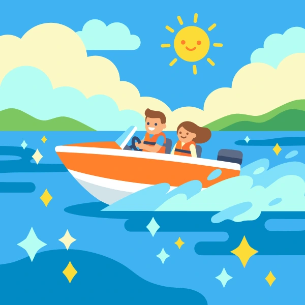 Light blue, white, and orange speedboat beside blue water with green banks, trees, and a wide bright sky.