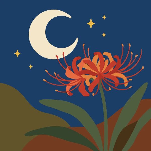 Red and orange spider lily with long curling stamens under a crescent moon and yellow stars against a deep midnight navy blue night sky