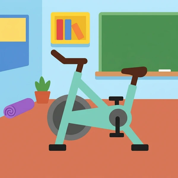 Mint green stationary spin bike in a colorful fitness studio with orange floor, blue walls, and a potted plant