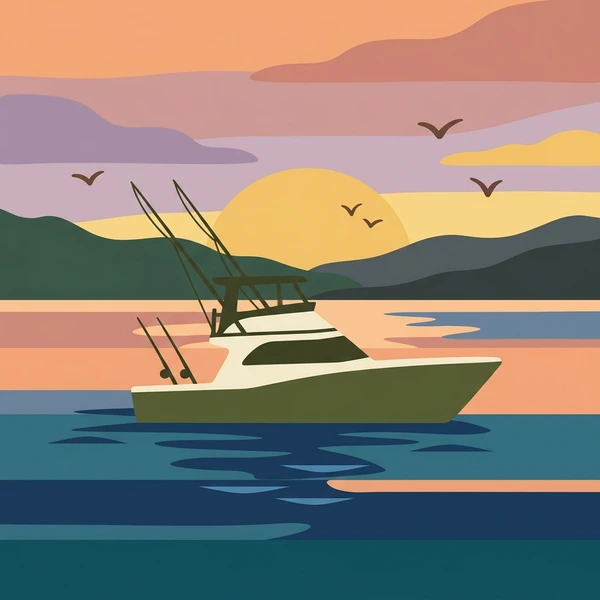Tan fishing boat with casting rods on calm water at dawn with orange coral sky and birds flying overhead