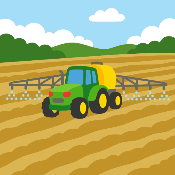 Forest green, charcoal, and olive green sprayer vehicle in fields with barns, crop rows, hay bales, or farm animals under a bright sky.