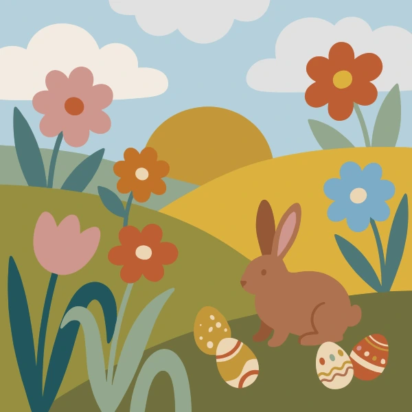 Bunny sitting in meadow with pink orange and blue flowers and decorated Easter eggs on rolling hills with clouds at sunset