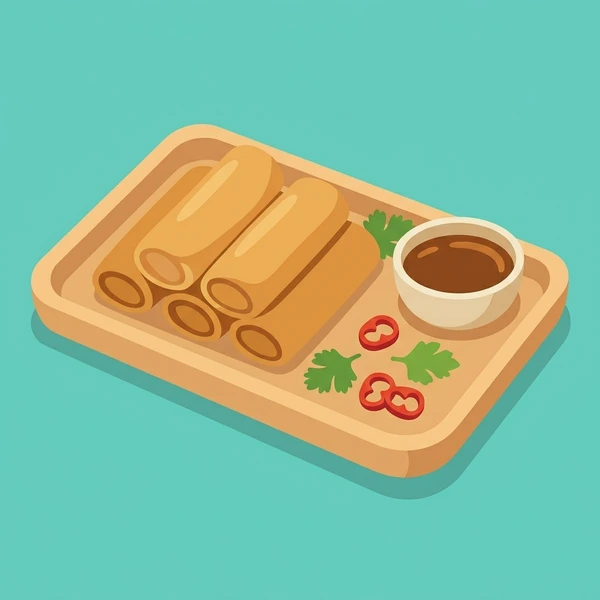 Spring Rolls On Tray scene showing fried spring roll cylinders, golden crispy exterior, sweet chili dipping sauce, and tray in a food coloring puzzle