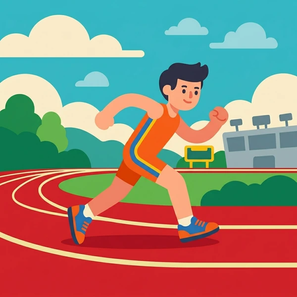 Young male sprinter in orange shirt and blue shorts mid-stride on a red athletic track with stadium and green trees