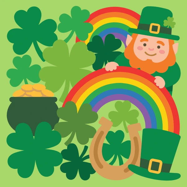 Leprechaun peeking over rainbow with shamrocks everywhere, pot of gold, horseshoe, green hat on all-green background