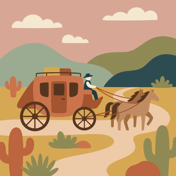 Olive green, brown, and coral stagecoach among trees, hills, or mountains with a winding path or river nearby.