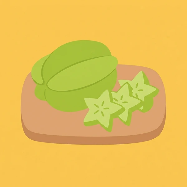 Starfruit On Cutting Board scene showing starfruit whole and sliced, vivid yellow color, star-shaped cross-section, and cutting board in a food coloring puzzle
