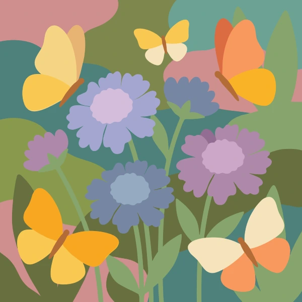 Yellow and orange butterflies flying around blue purple and lavender scabiosa pincushion flowers with broad green leaves against a layered teal and pink background