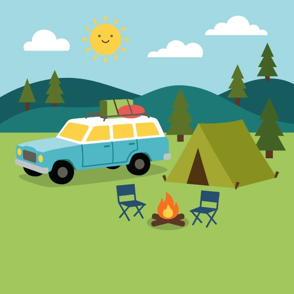 Navy blue, earth brown, and turquoise station wagon among trees, hills, or mountains with a winding path or river nearby.