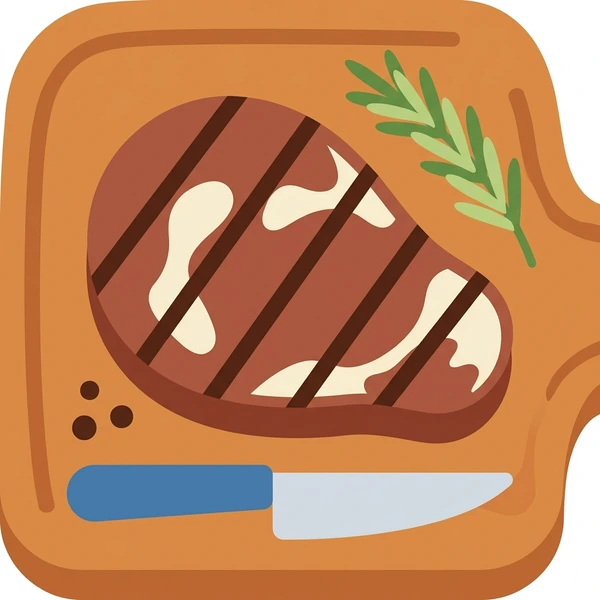 Steak On Cutting Board scene showing steak, sear crust, pink interior, rosemary, butter, and wooden cutting board in a food coloring puzzle