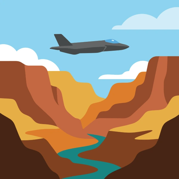 Mustard yellow, brown, and red stealth jet crossing sandy ground with dunes, warm hills, cacti, or a bright sun.