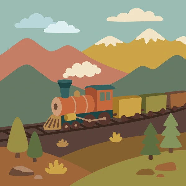 Red and tan steam locomotive among trees, hills, or mountains with a winding path or river nearby.