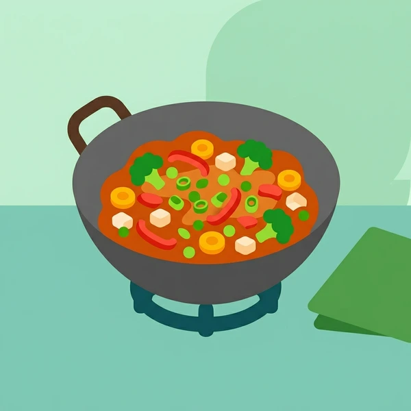 Stir Fry In Wok scene showing stir-fry vegetables, protein, soy glaze, wok surface, and cooking steam in a food coloring puzzle