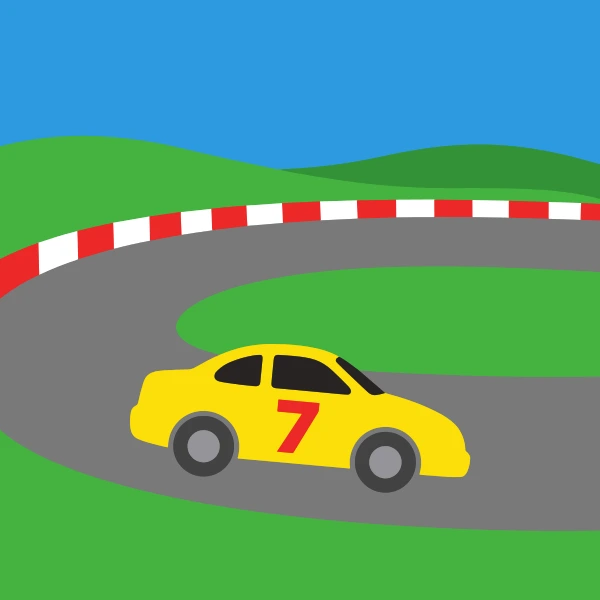 Sun yellow, black, and mustard yellow stock car inside or beside a stadium with crowd colors, flags, or a bold bowl shape.