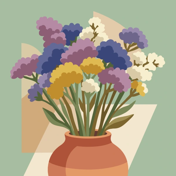 Deep purple cobalt blue golden yellow and white dried statice flower clusters arranged in a round terracotta vase with olive green leaves against a soft sage green background